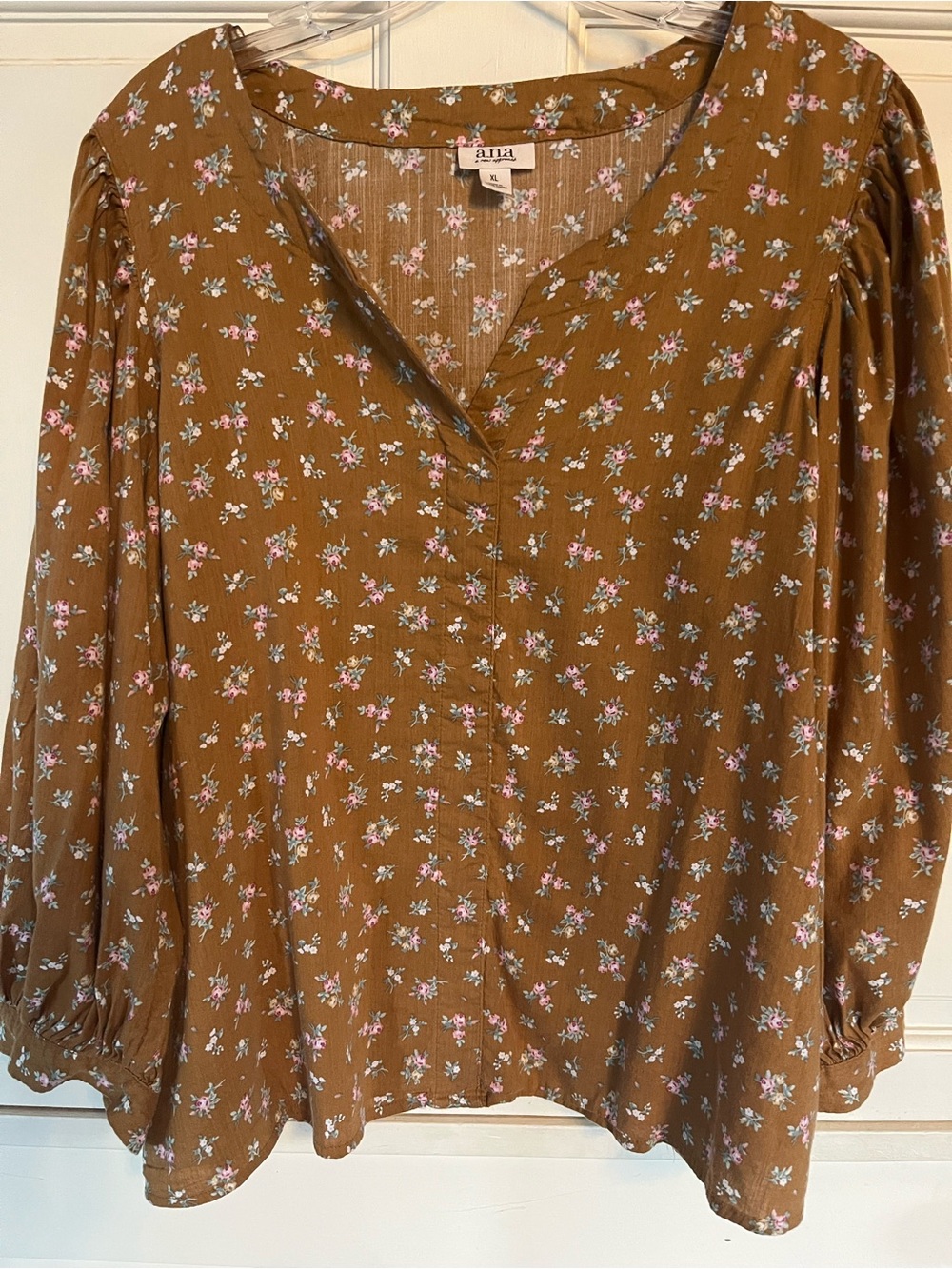 A.N.A. Brown Ditsy Floral Boho Blouse Puff Sleeve XL